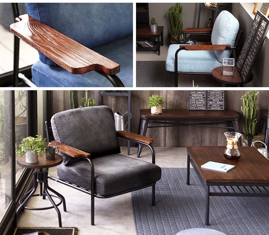 Solid wood arms, bleach denim side view, black denim armchair in living room.