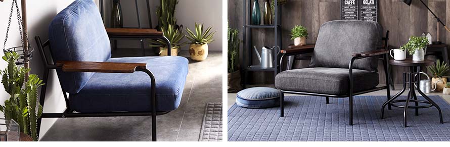 The side view of the blue denim armchair and black denim armchair.