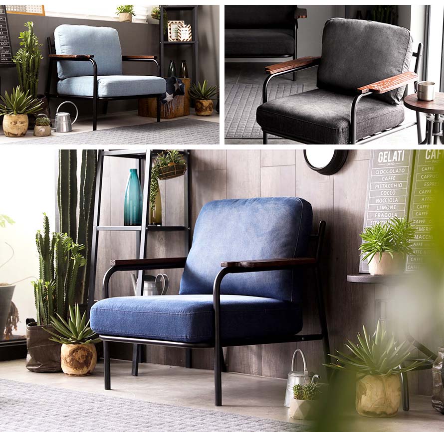 Washed denim fabric sofa, black denim fabric armchair, blue denim fabric 1 seater sofa
