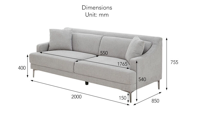 Dimensions of the Vessel 3 seater sofa exclusive to Bedandbasics.sg in Singapore (SG).