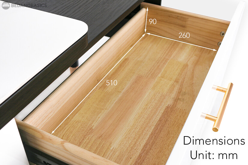 The pull-out drawer dimensions of the Erasmus TV Stand.