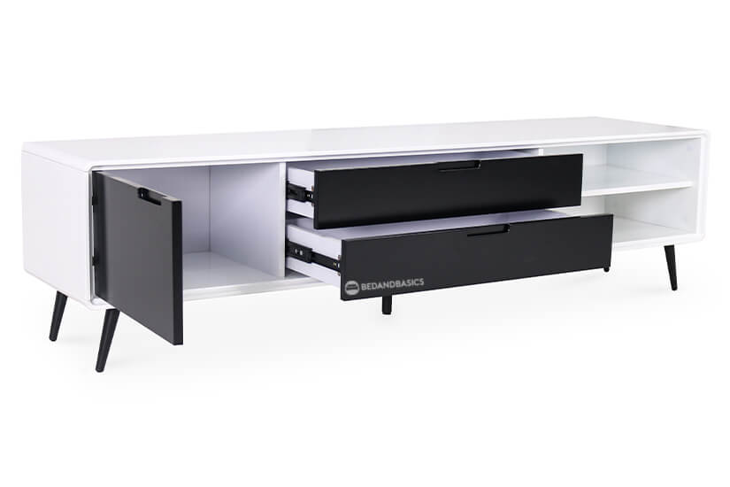 2 open shelves. 2 deep drawers. 1 wide storage compartment. Cable grommet for wire management. Easy & ample storage.