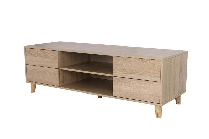 Made of MDF wood with natural colored laminates, the TV stand's wood colored tones are easy to match.