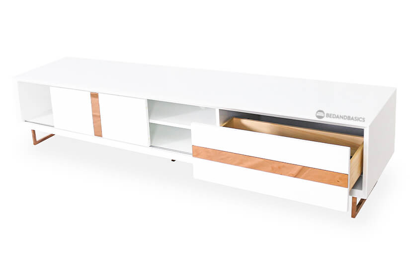The TV console boasts great storage. Featuring a sliding door that shields two shelves and a cabinet, as well as a spacious drawer and a wide tempered glass tabletop.