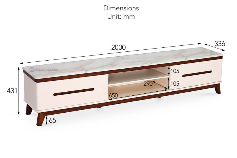 The overall dimensions of the Macias TV console.