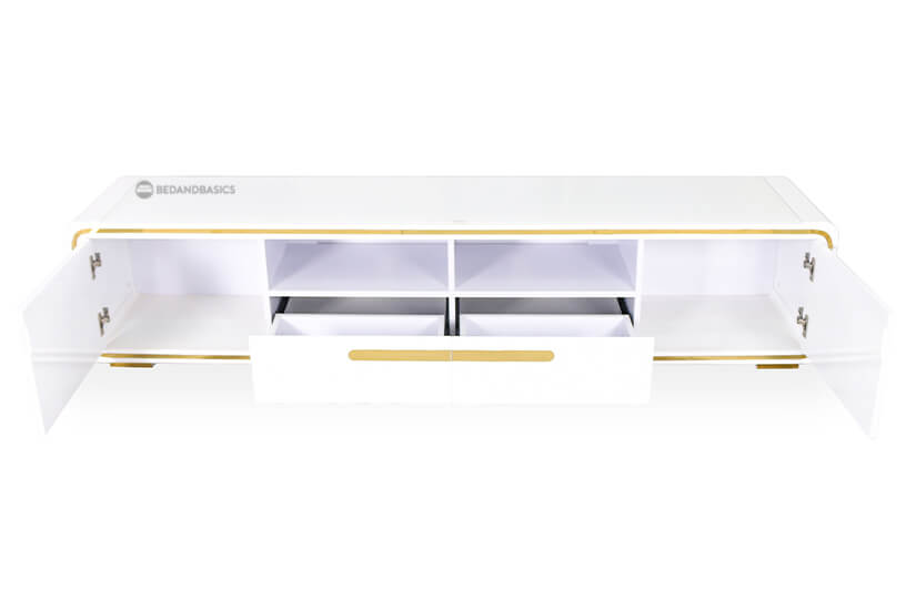 The spacious TV console comes with two drawers and two shelves and two cabinets furnished with soft-closing hinges.