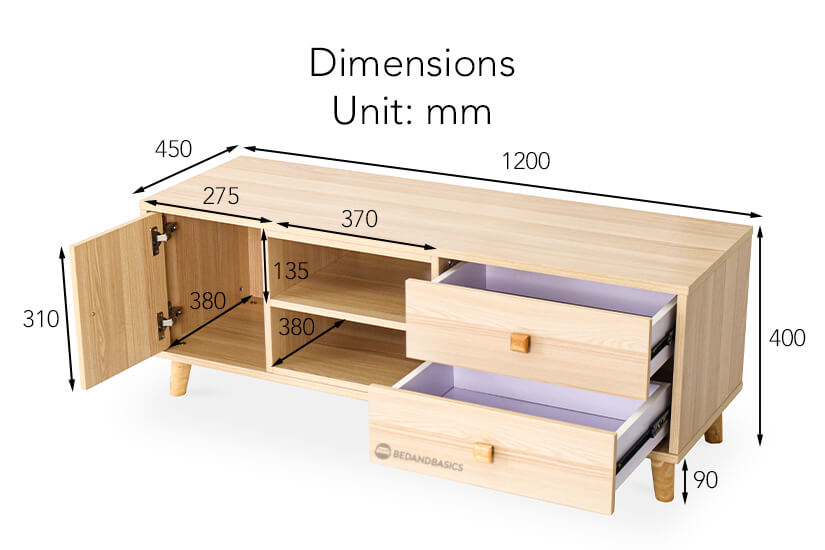 The overall dimensions of the Rommie TV Stand.