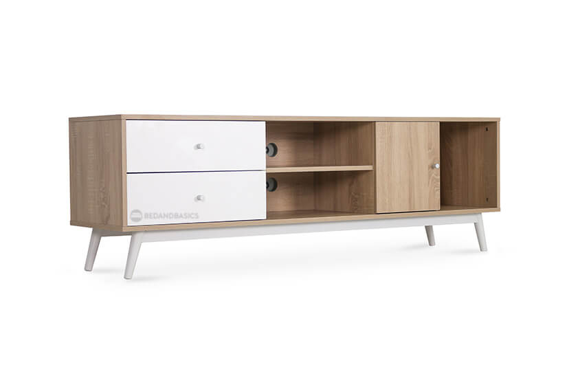 White drawers and natural wood colored lamination. Minimalist design. Flatters most interiors.
