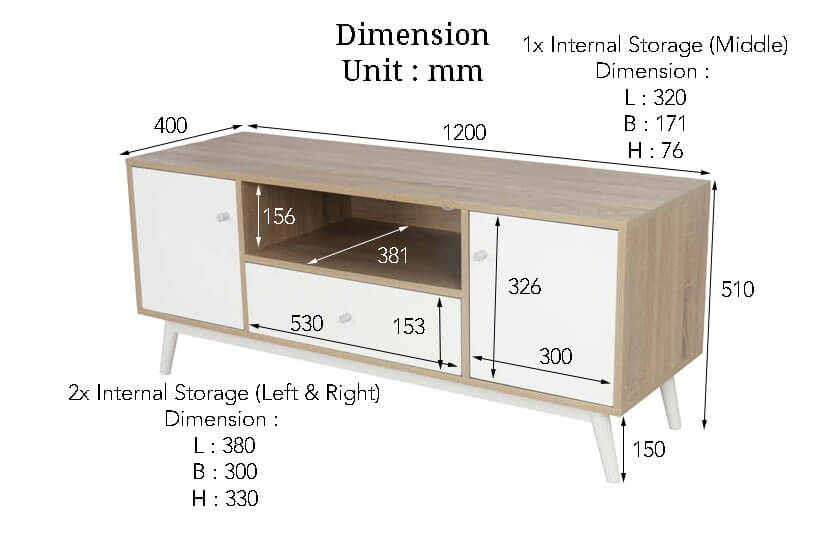 The Dimensions of the Trico TV Stand. Buy online the finest collection of living room furniture in SG.