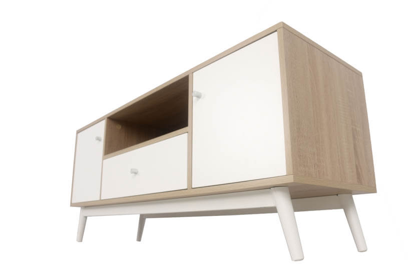 Made of MDF wood with natural colored laminates, the TV stand's light colored tones are easy to match.