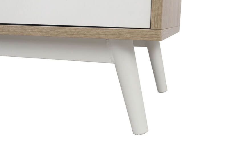 The TV stand is supported by round tapered solid wooden legs. 