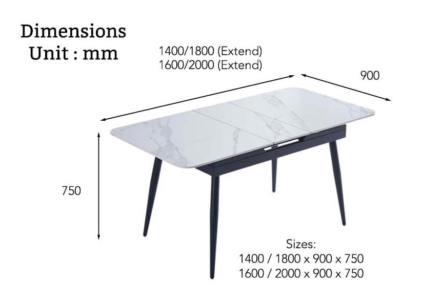 The dimensions of the Ciel Extendable Sintered Stone Dining Table.