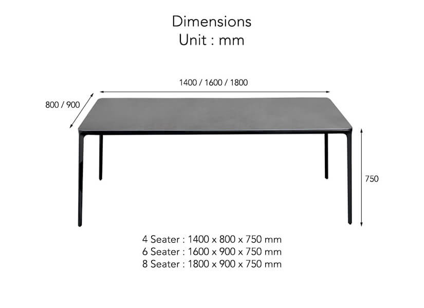 The dimensions of the Era Sintered Stone Dining Table