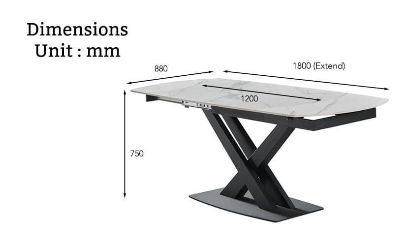 The dimensions of the Reiaa Rotary Extendable Sintered Stone Dining Table.