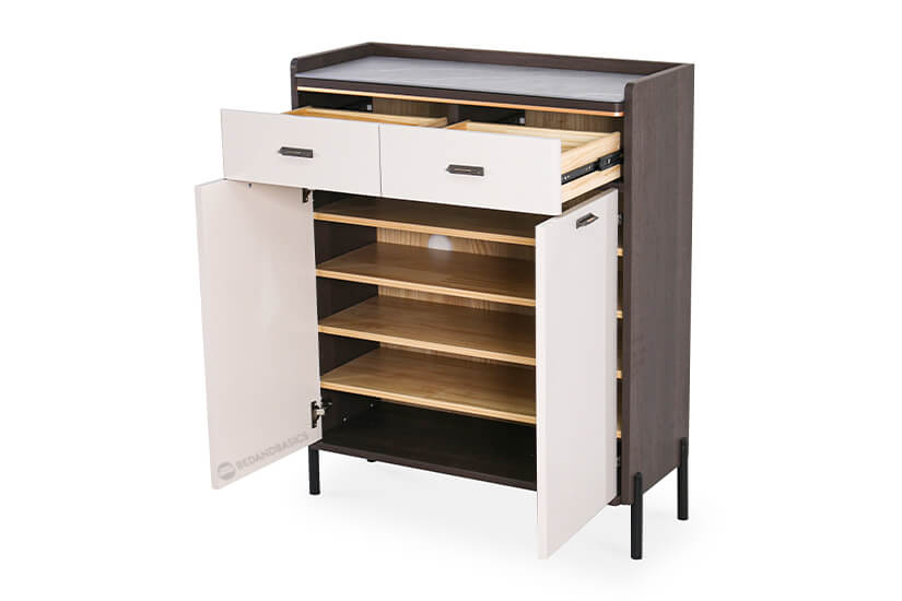 Features a spacious and wide cabinet of 5 shelves and 2 drawers.