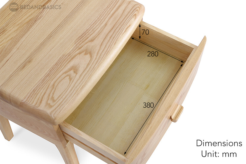 The pull-out drawer dimensions of the Caoimhe side table.