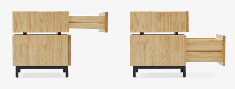 Two drawers of different heights. Upper drawer is 15cm tall. Lower drawer is 22cm tall. Accommodate to different needs. Store glasses or books on the upper drawer. Blankets or bedlinen on the lower drawer.