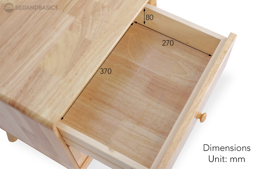 The pull-out drawer dimensions of the Kammi solid wood side table.