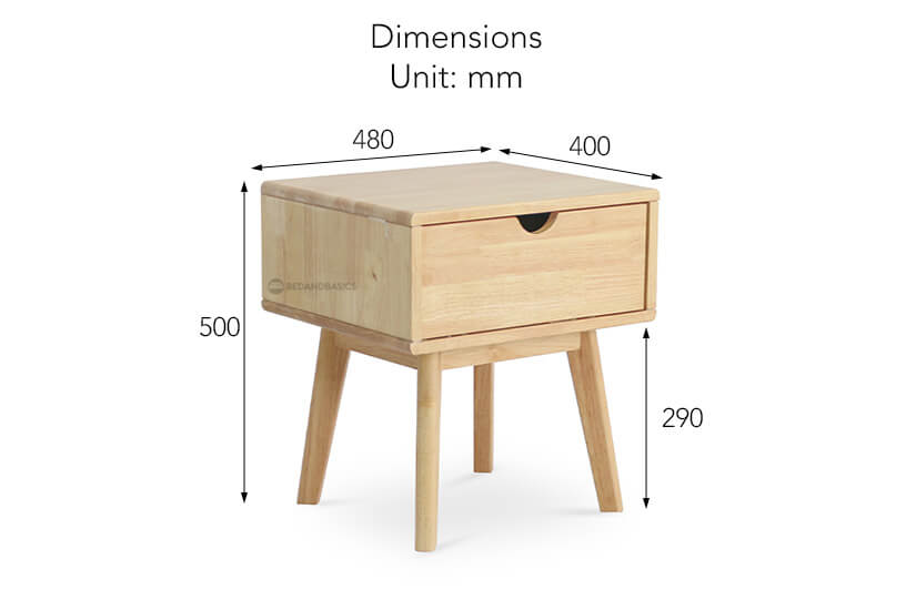 The Nariko solid wood side table overall dimensions.