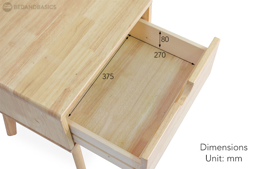 The Nariko solid wood side table pull-out drawer dimensions.