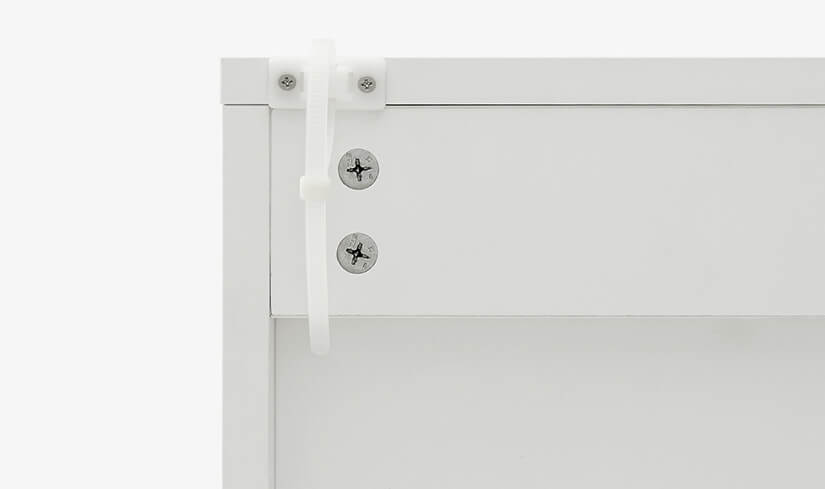 Comes with anti fall connectors. Reinforces cabinet structure. You can connect the cabinet onto a wall for additional security.