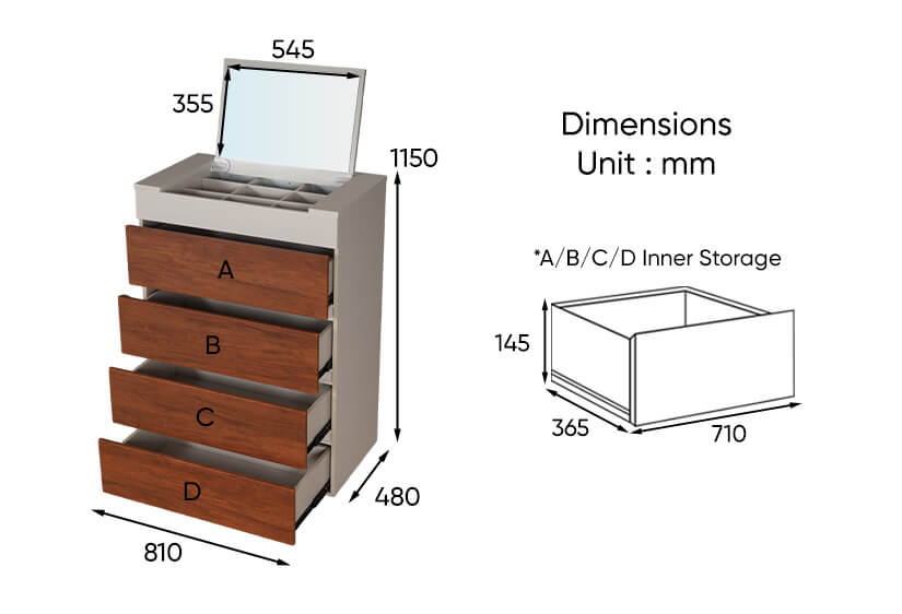 The dimensions of the Jolene Chest of Drawers.