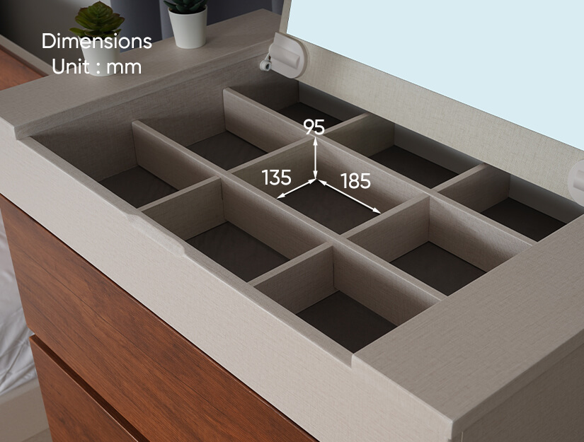 The compartment dimensions of the Jolene Chest of Drawers.