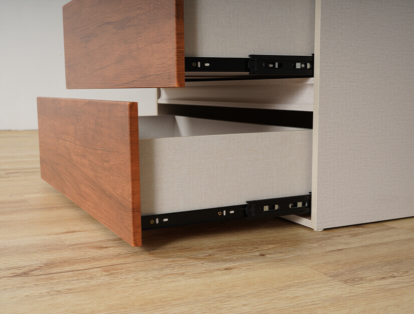 Metal drawer tracks. Opens and closes conveniently. Smooth and durable. 