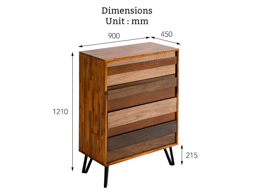 The overall dimensions of the Ruthina Wooden Chest of Drawers.