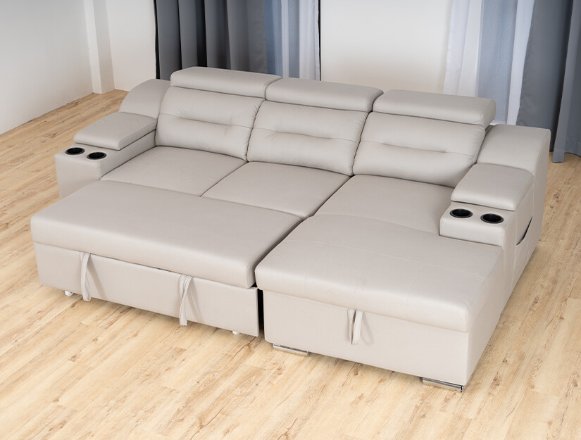 Easily transforms into a spacious bed. Pull-out sofa bed mechanism with roller wheels.