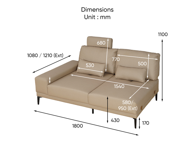 The dimensions of the Arwen Sliding Backrest Single Arm 2 Seater Sofa.