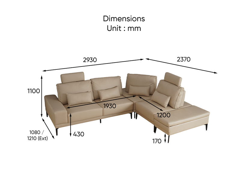 The dimensions of the Arwen Sliding Backrest Modular Sofa.