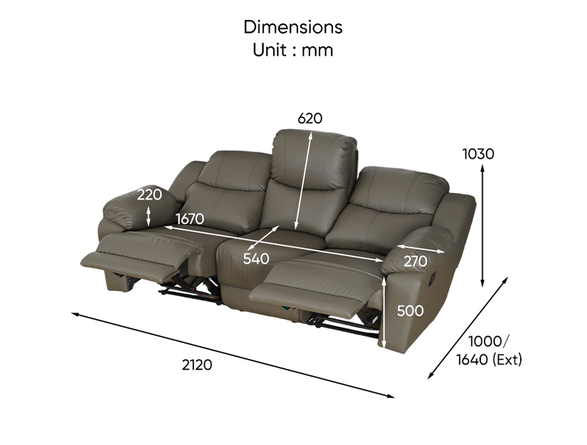 The dimensions of the Audria 3 Seater Recliner Sofa.