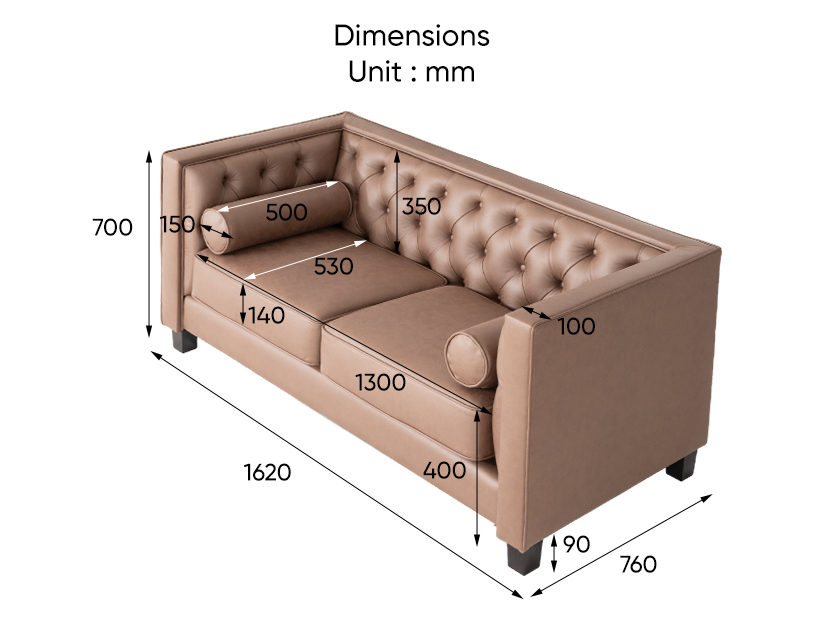 The dimensions of the Benedict 2 Seater Tuxedo Chesterfield Sofa.
