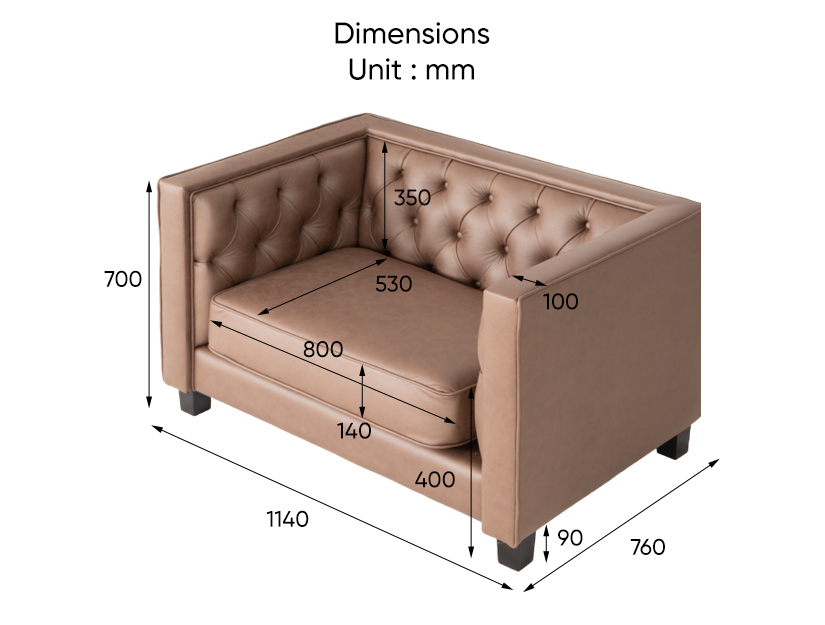 The dimensions of the Benedict Tuxedo Chesterfield Armchair.