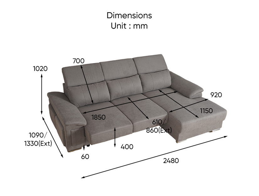 The dimensions of the Corlene L Shape Extendable Sofa.
