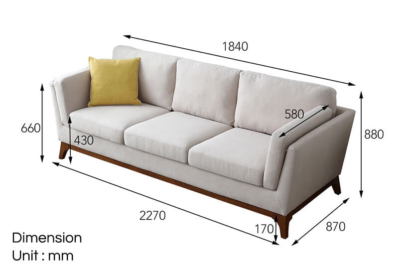 The dimensions of the Carson 3 Seater fabric sofa.