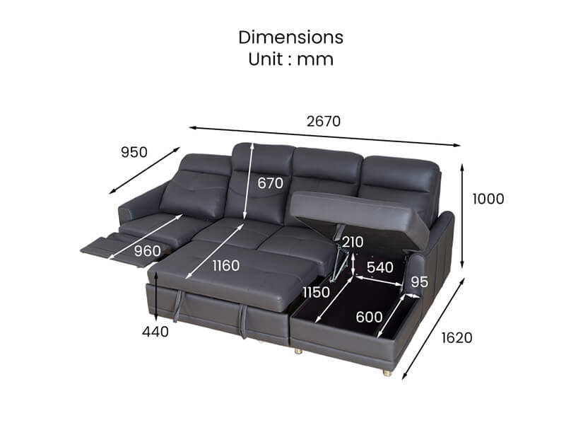 The dimensions of the Derica Extendable Storage Sofa Bed with Recliner (Hi-Tech Fabric)