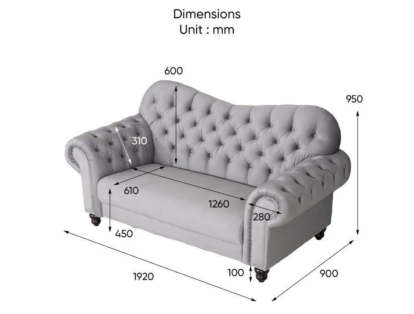 The dimensions of the Edgar 2 Seater Camelback Chesterfield Sofa