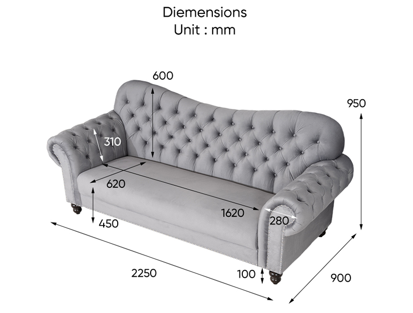The dimensions of the Edgar 3 Seater Camelback Chesterfield Sofa.