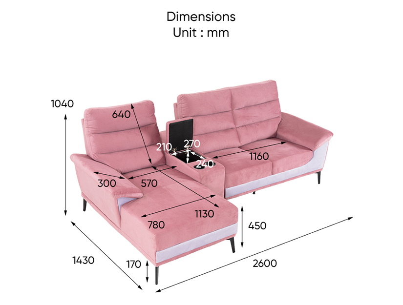 The L-Shape dimensions of the Emilia Sofa (Water & Stain Resistant Fabric).
