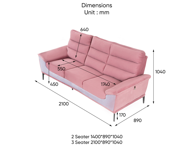 The 3 and 2 seater dimensions of the Emilia Sofa (Water & Stain Resistant Fabric).