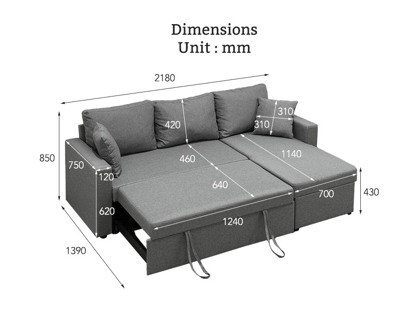 The dimensions of the extend storage sofa bed.