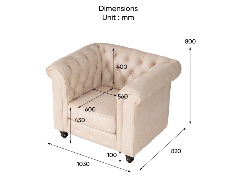 The dimensions of the Hagar Chesterfield Armchair