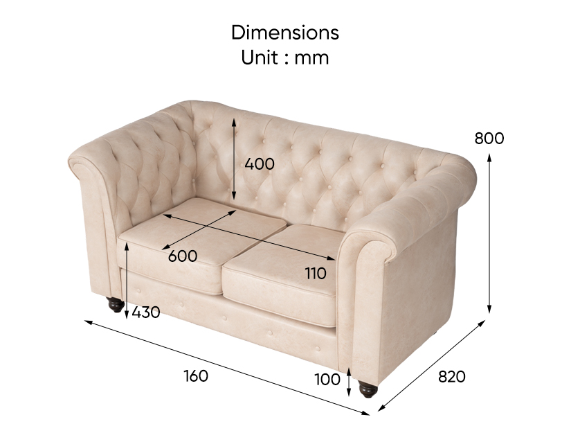 The dimensions of the Hagar 2 Seater Chesterfield Sofa.
