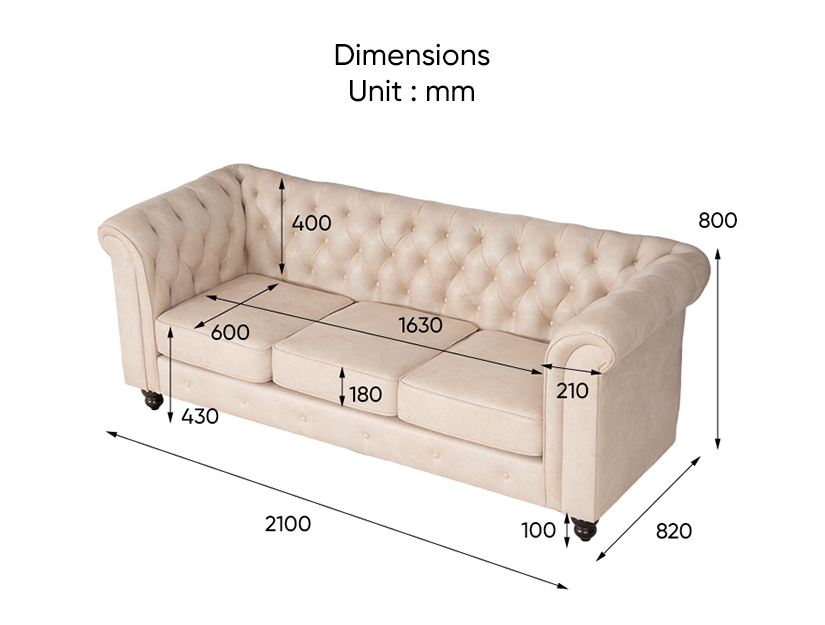 The dimensions of the Hagar 3 Seater Chesterfield Sofa