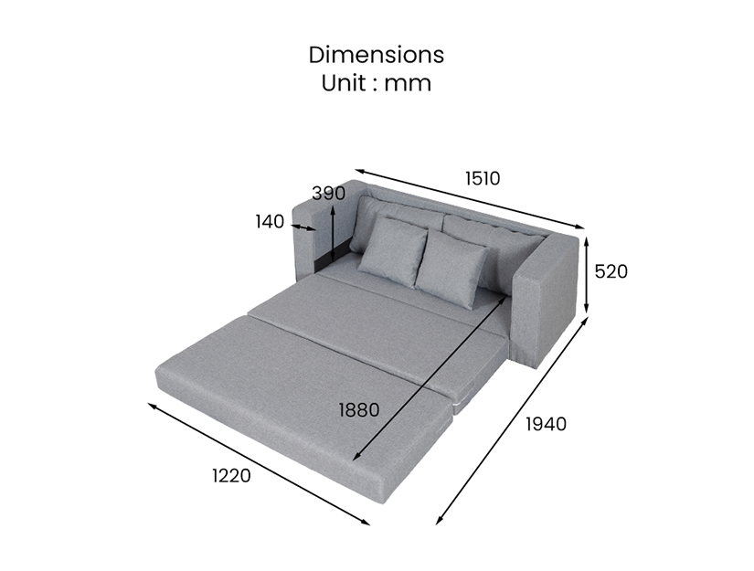 The dimensions of the Henshin Japanese Floor Sofa Bed.