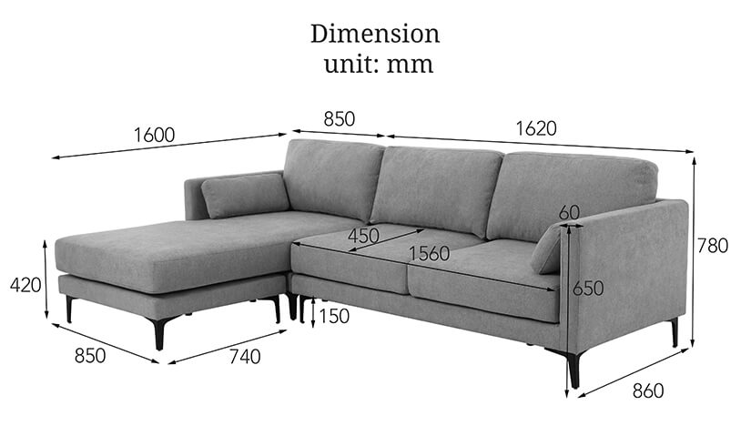 The dimensions of the Hayden L Shaped Sofa.