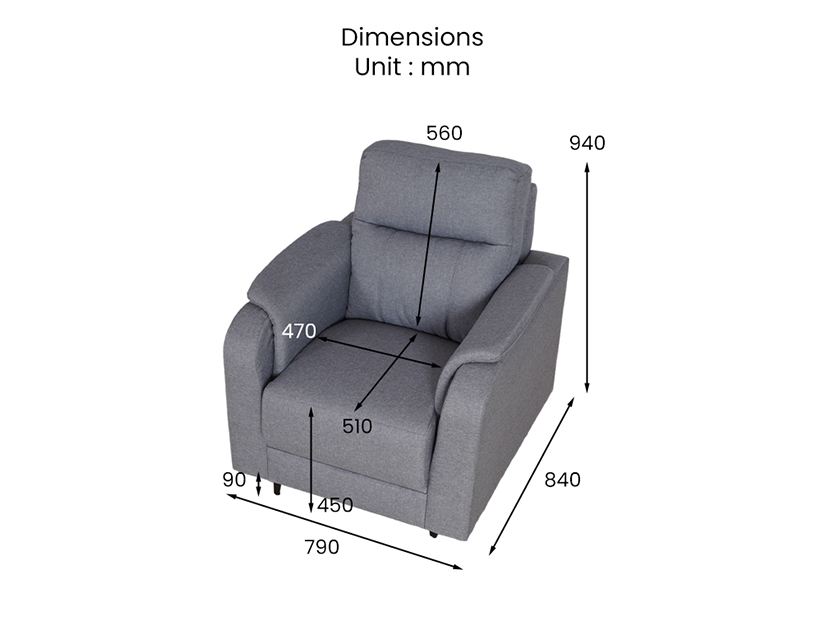 The dimensions of the Kanic fabric armchair.