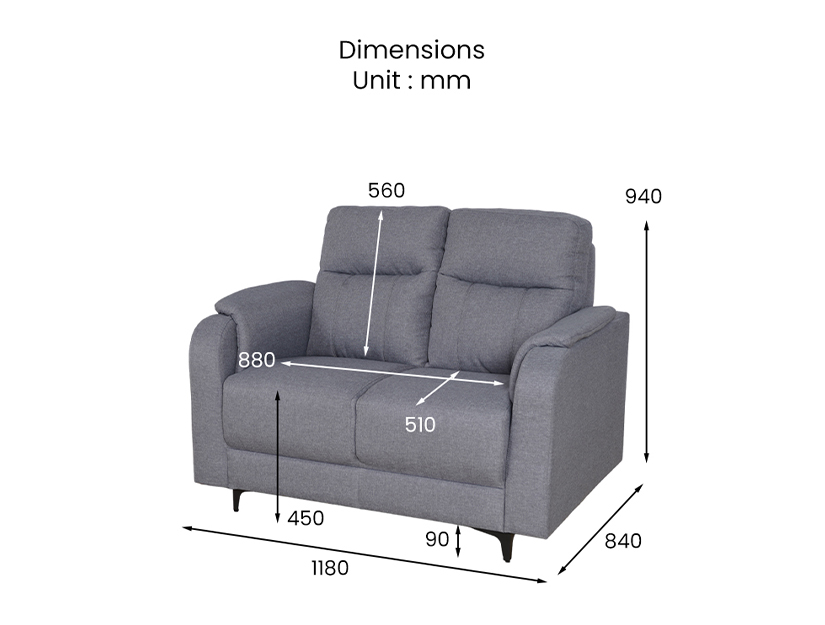 The dimensions of the Kanic 2 Seater fabric sofa.